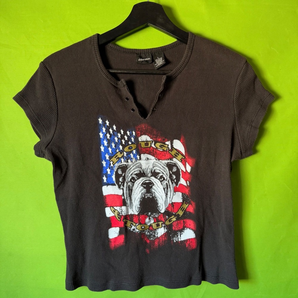 90s VTG Xhilaration Women Ribbed Henley Tee Bulldog Dog American Flag Gray Large